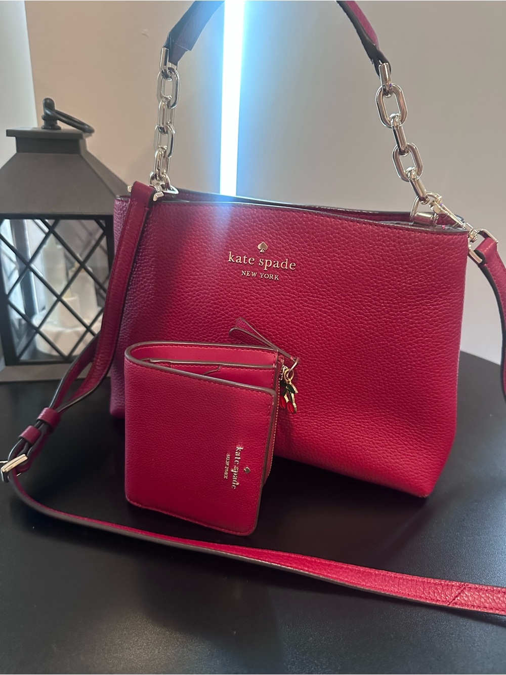 kate spade raspberry pink pebbled leather shoulder bag with matching wallet set